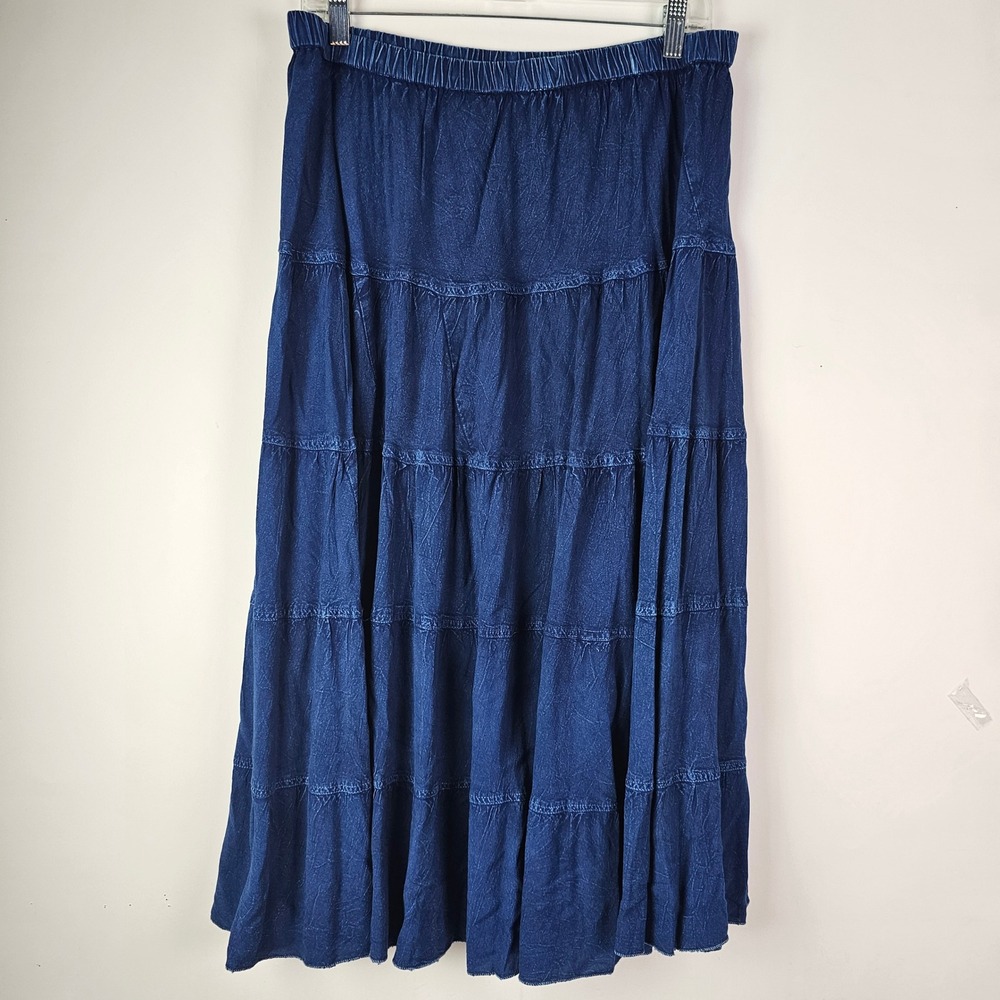 Studio West Blue Rayon Tiered Maxi Skirt Medium Wash Boho Elastic Waist M